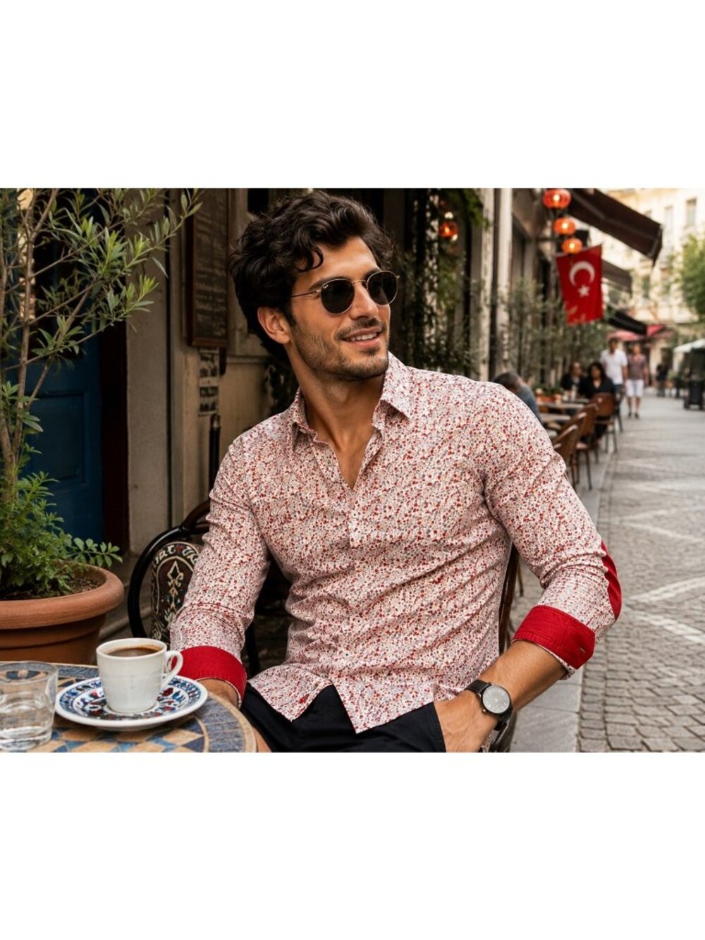 Toss Mens Slim Fit Floral Shirt Red Trim Elbow Patches 100% Cotton Turkey Size L